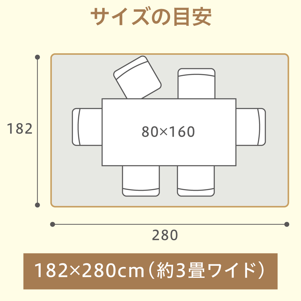 サイズの目安<br>182×280cm(約3畳ワイド)